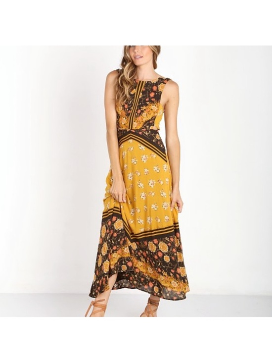 Free People Dresses & Skirts - Floral Mustard and Black Sleeveless Maxi Dress